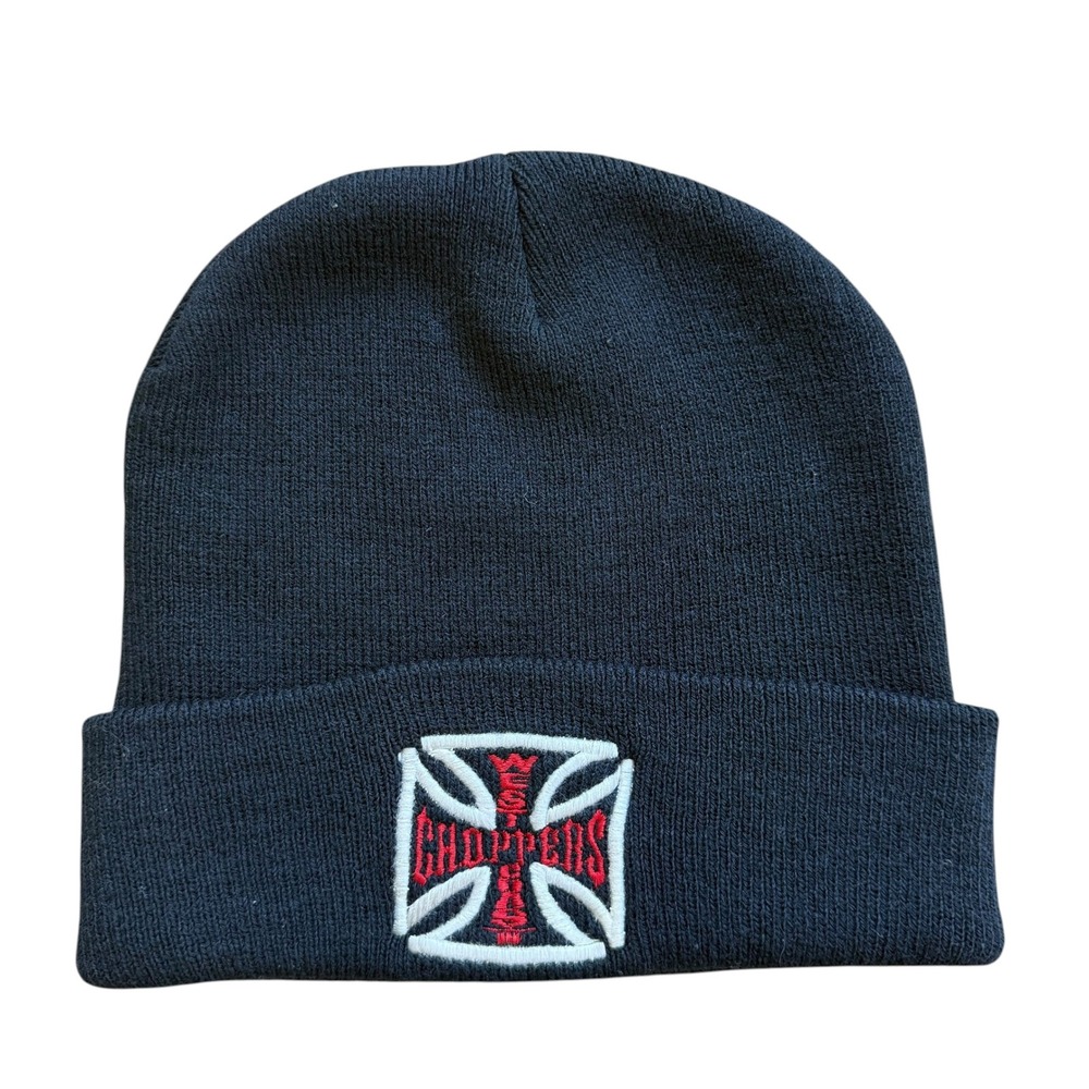 West Coast Choppers Beanie Black Knit Cuffed Iron Cross Logo Biker Hat